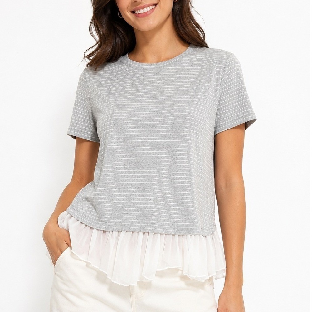 Banana Republic Womens S Gray Striped Ruffle Hem Short Sleeve Casual Layered Top